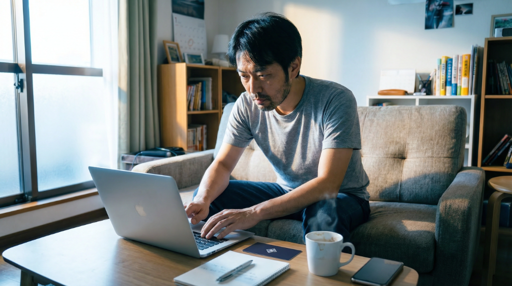 Bloomカードで集中して副業作業をする会社員