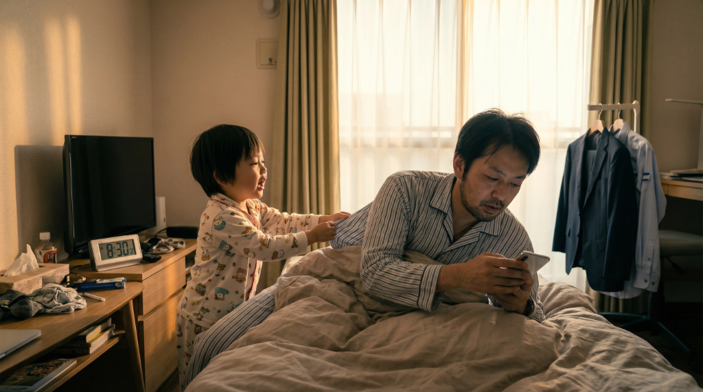 布団の中でスマホを見て子供を無視する父親