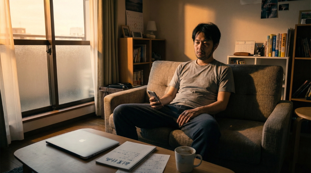 ソファでスマホを見て副業が進まない会社員