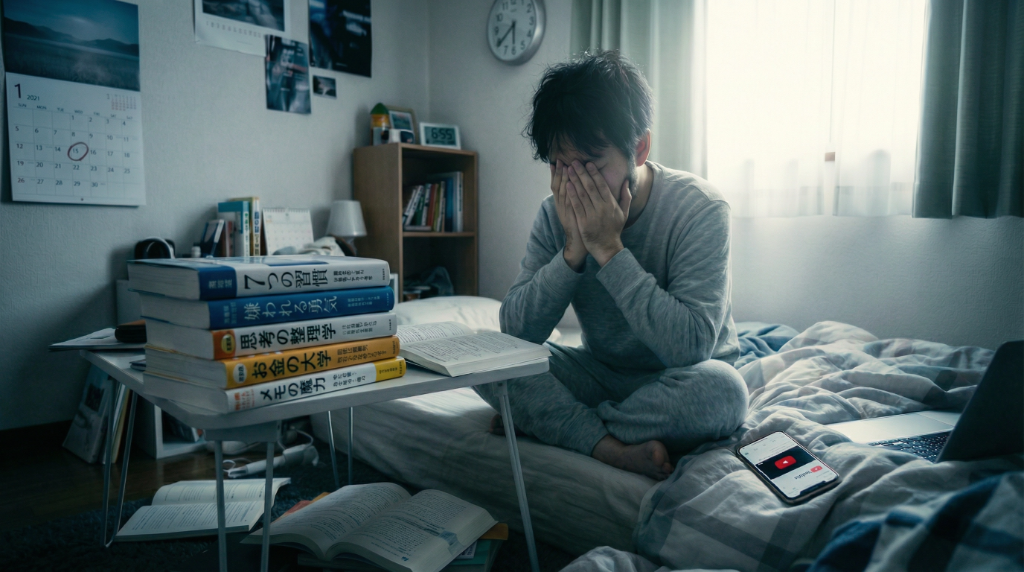 勉強しようとしたがスマホを見てしまい自己嫌悪に陥る学生